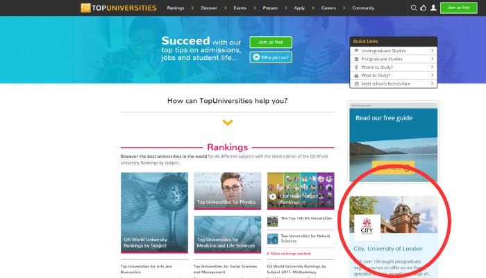 University display ad in a website